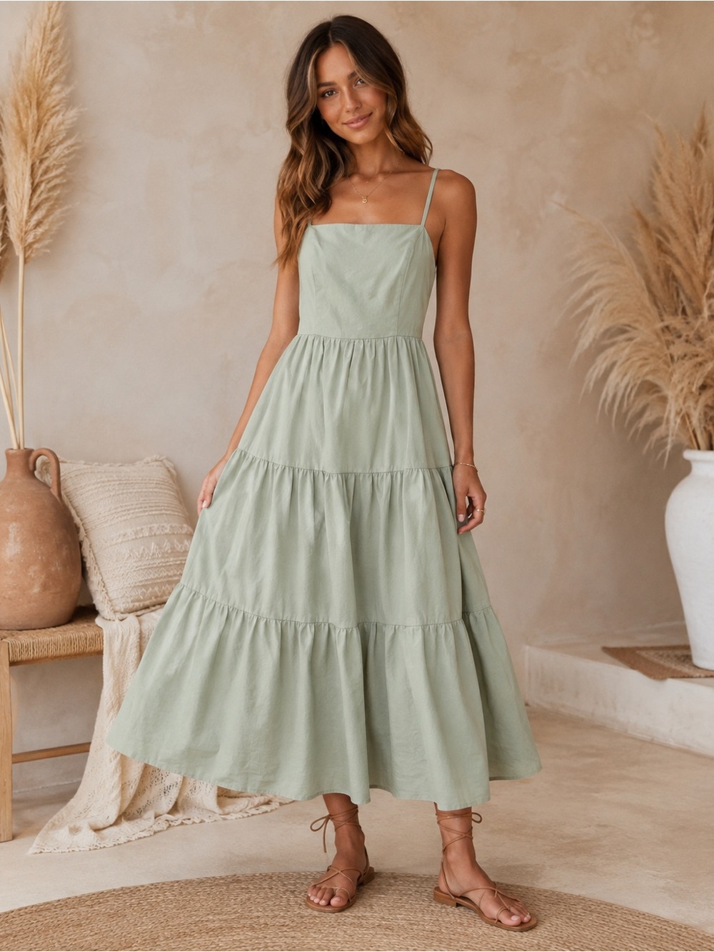 Vici Sage Green Tiered Midi Sundress
